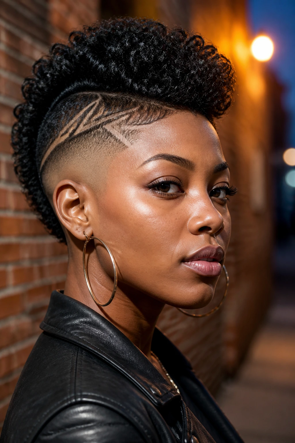 Close-up of a Black woman with a fade-design mohawk against a brick wall at dusk
