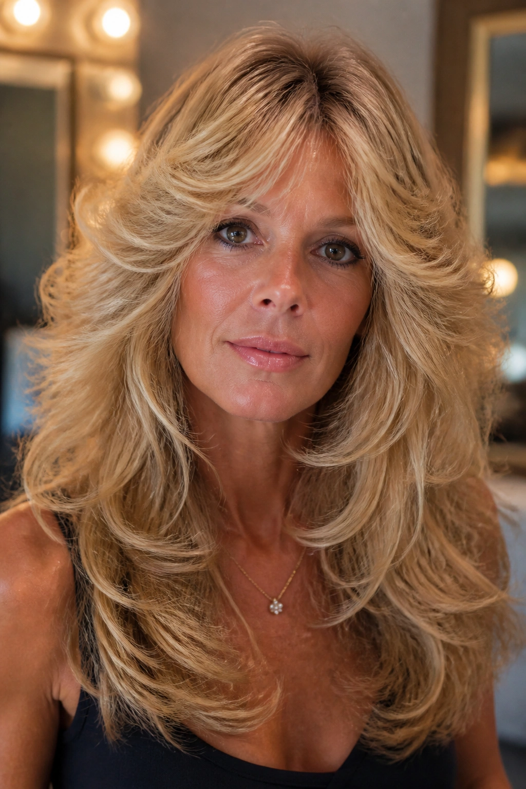 Real woman with Farrah-inspired feathered shag, front pieces framing cheeks close-up