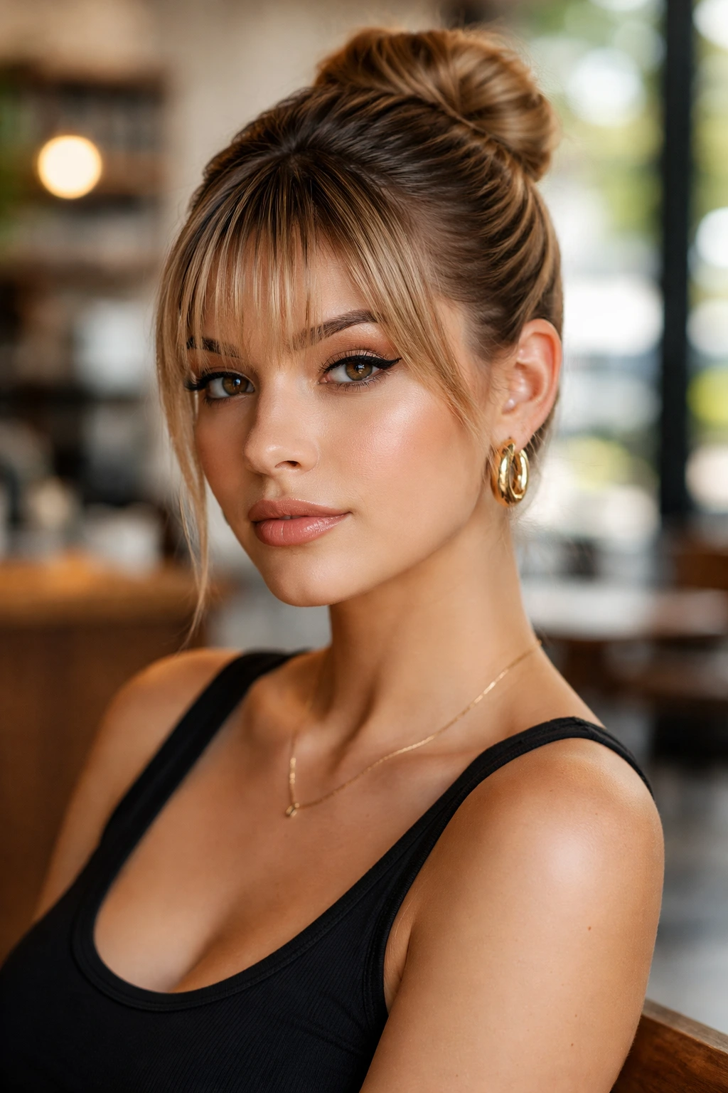 Real person with slicked-back faux bangs filling the frame