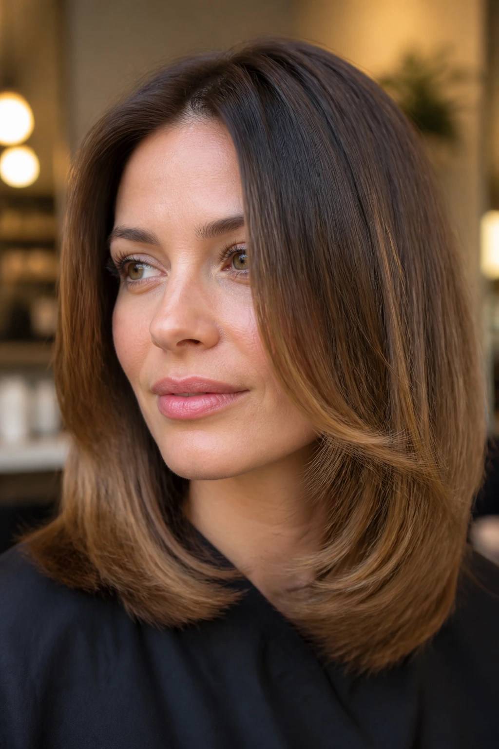 Close-up of a real woman showing a faux blowout with round-brush ends.