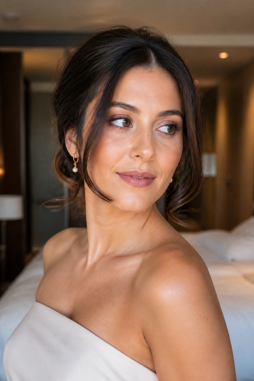 Close-up portrait of a woman with faux bob and curled-under ends