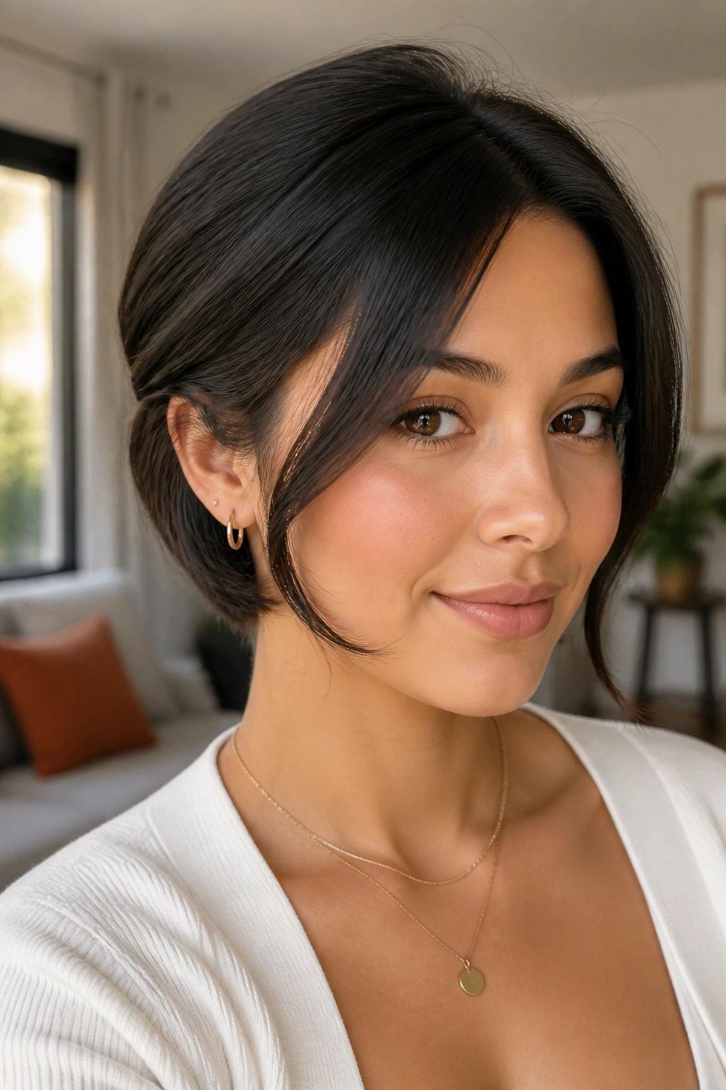 Real woman with faux bob and hidden pins hairstyle