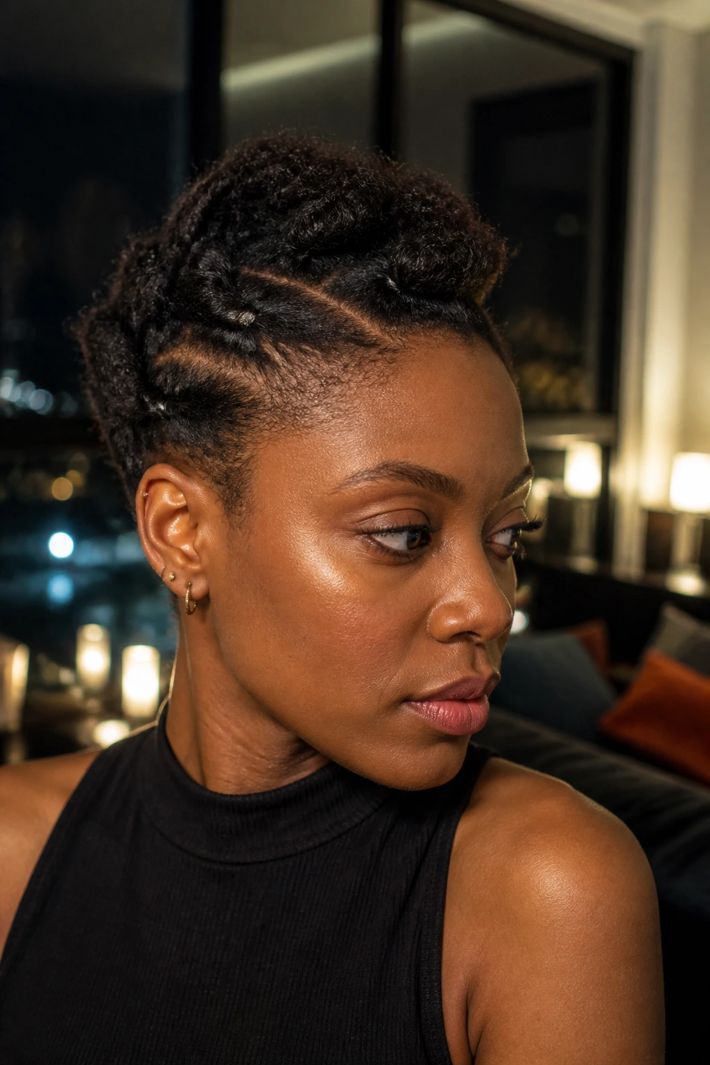 Close-up of a real person with a minimalist faux-hawk secured by bobby pins.