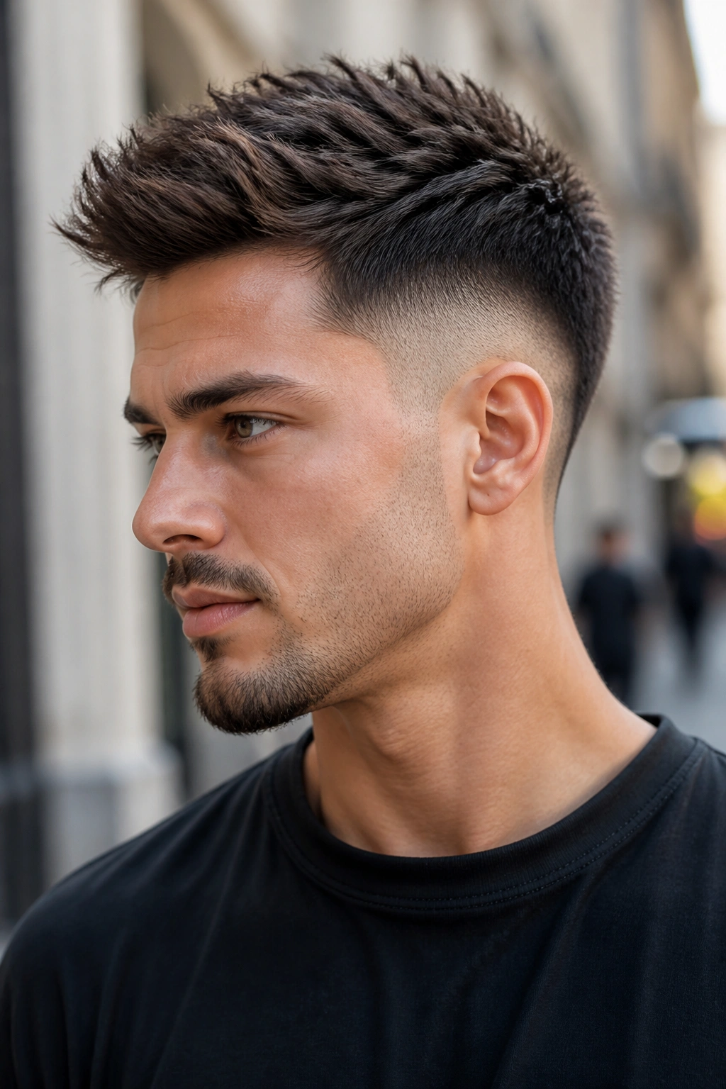 Close-up of man with faux hawk and burst fade on a city street