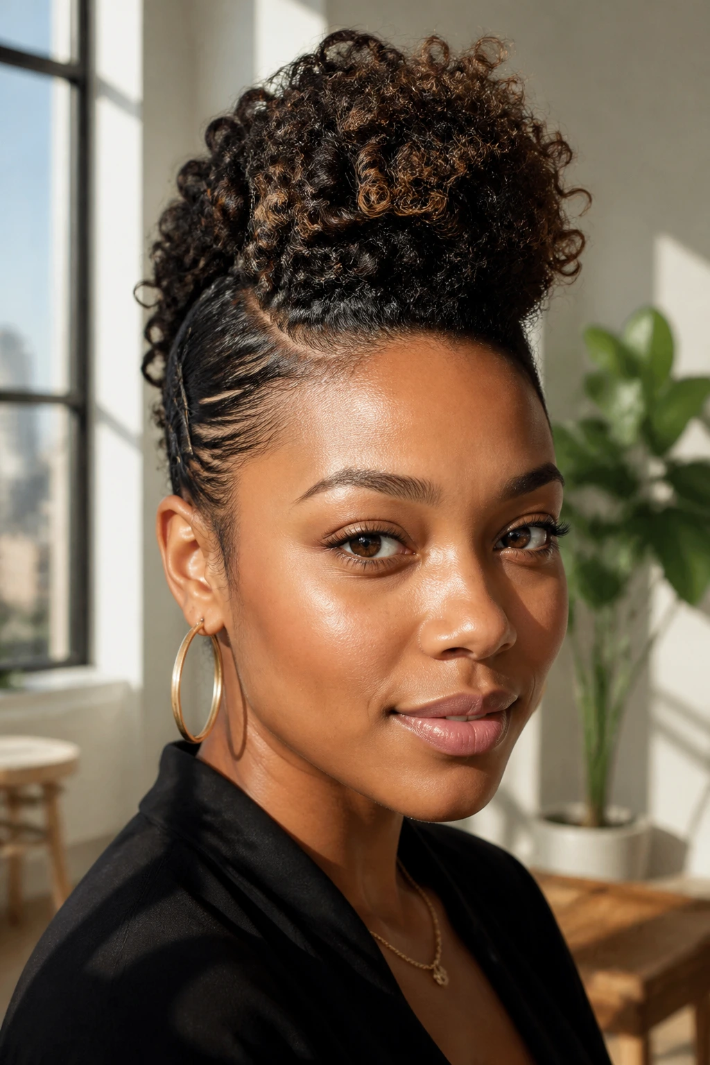 Close-up of a real person with a curly faux hawk and pinned sides.