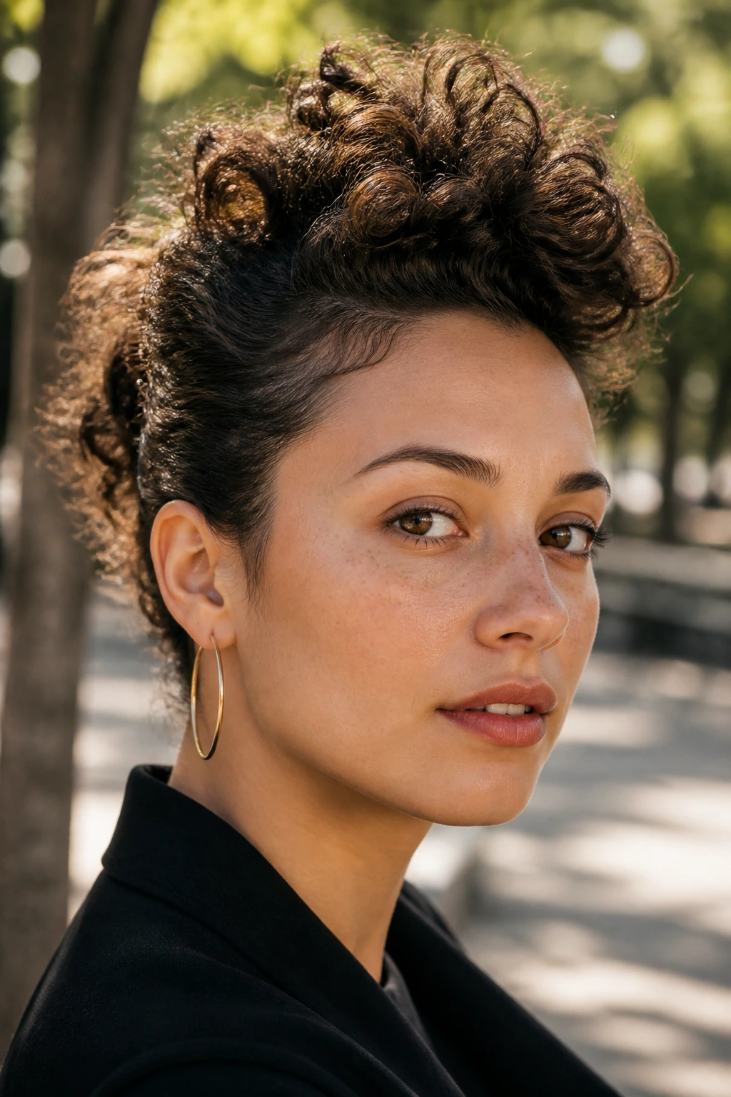 Portrait of a real person with a fluffy faux hawk hairstyle outdoors.