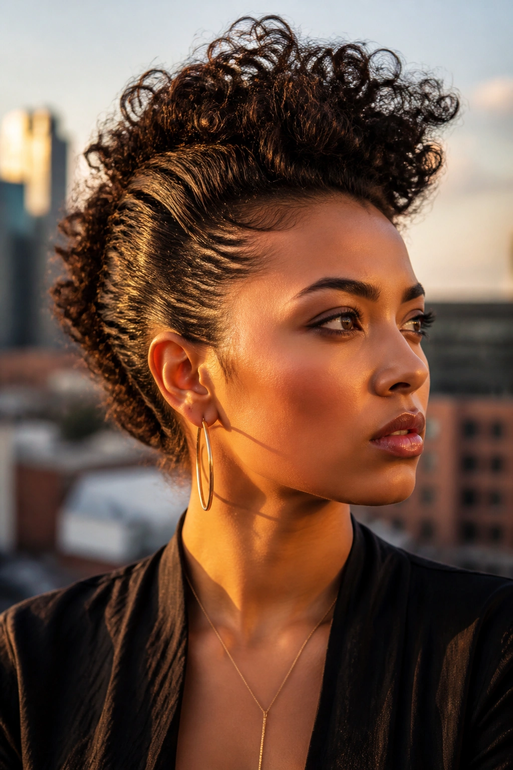 Close-up of a real person with a faux hawk and pinned-back sides