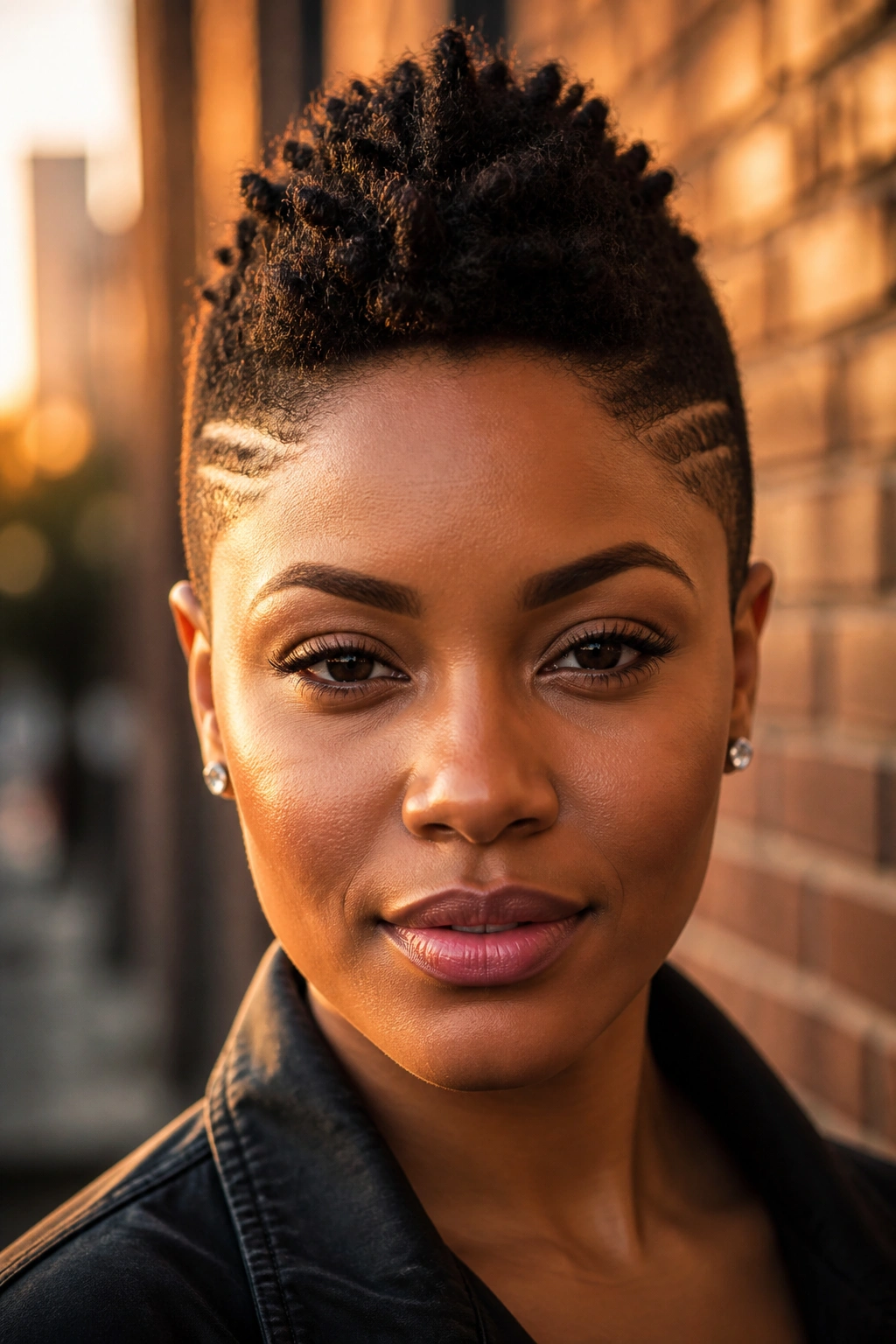 Portrait of real person with faux hawk and defined sides in golden hour street
