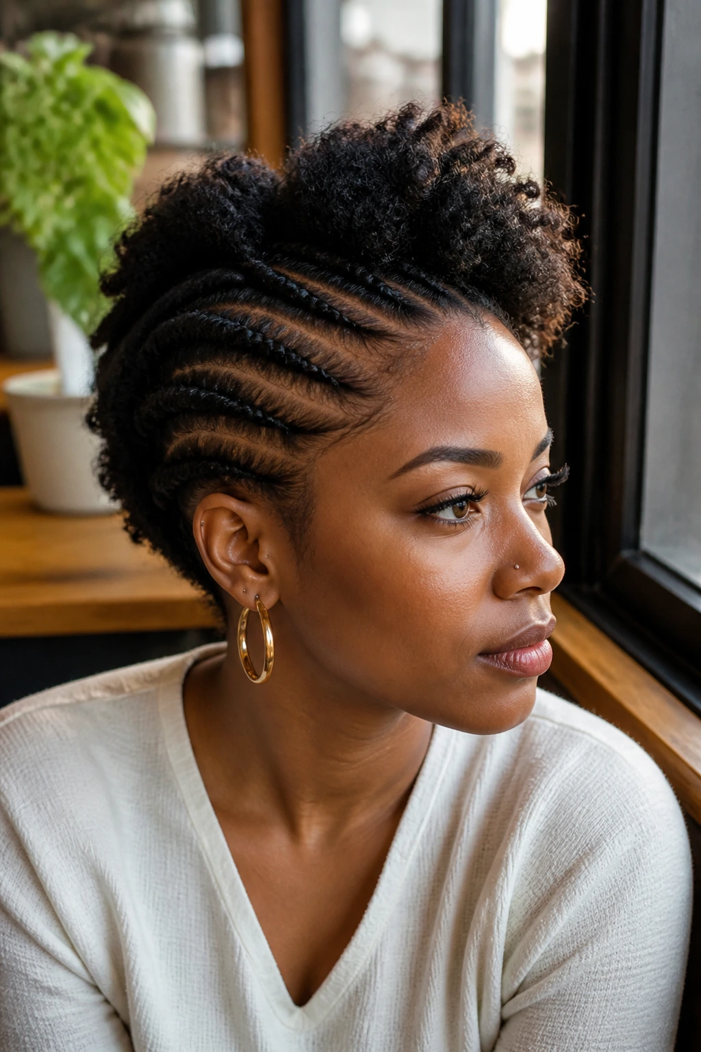 Close-up of faux hawk formed by flat twists on a real person