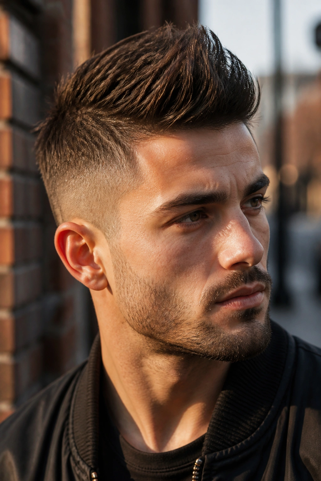 Close-up portrait of a man with a subtle faux hawk on urban street