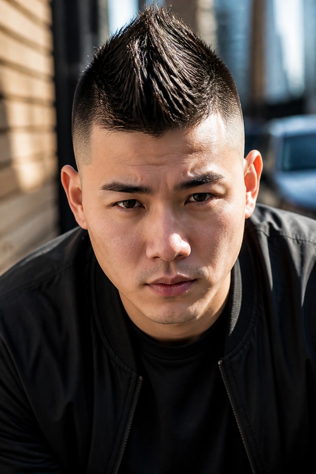 Portrait of man with faux hawk and high fade under natural street light