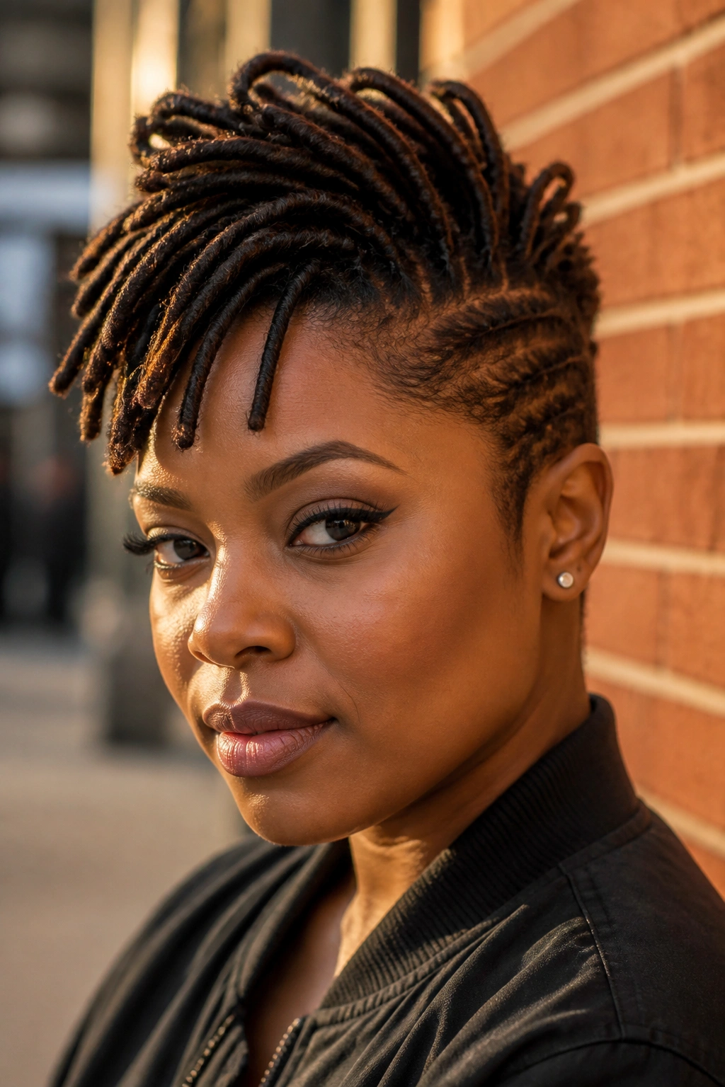 Real person portrait with a short loc faux hawk in an urban golden-hour setting