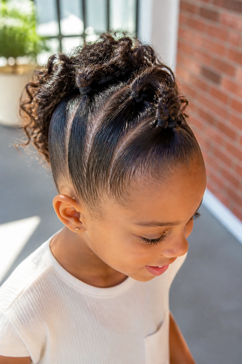Girl with center faux hawk of mini ponytails; hair fills frame.