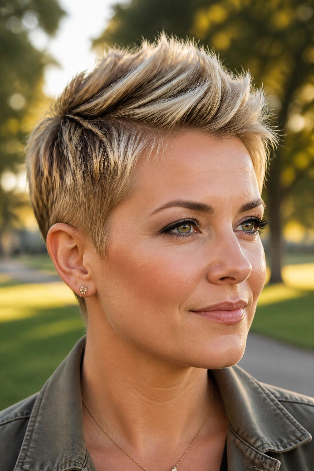 Close-up portrait of a real woman with a blonde faux hawk pixie.