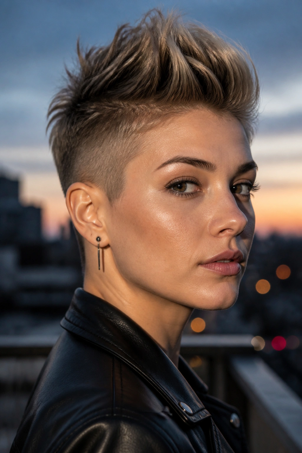 Close-up portrait of a woman with a faux hawk pixie for height