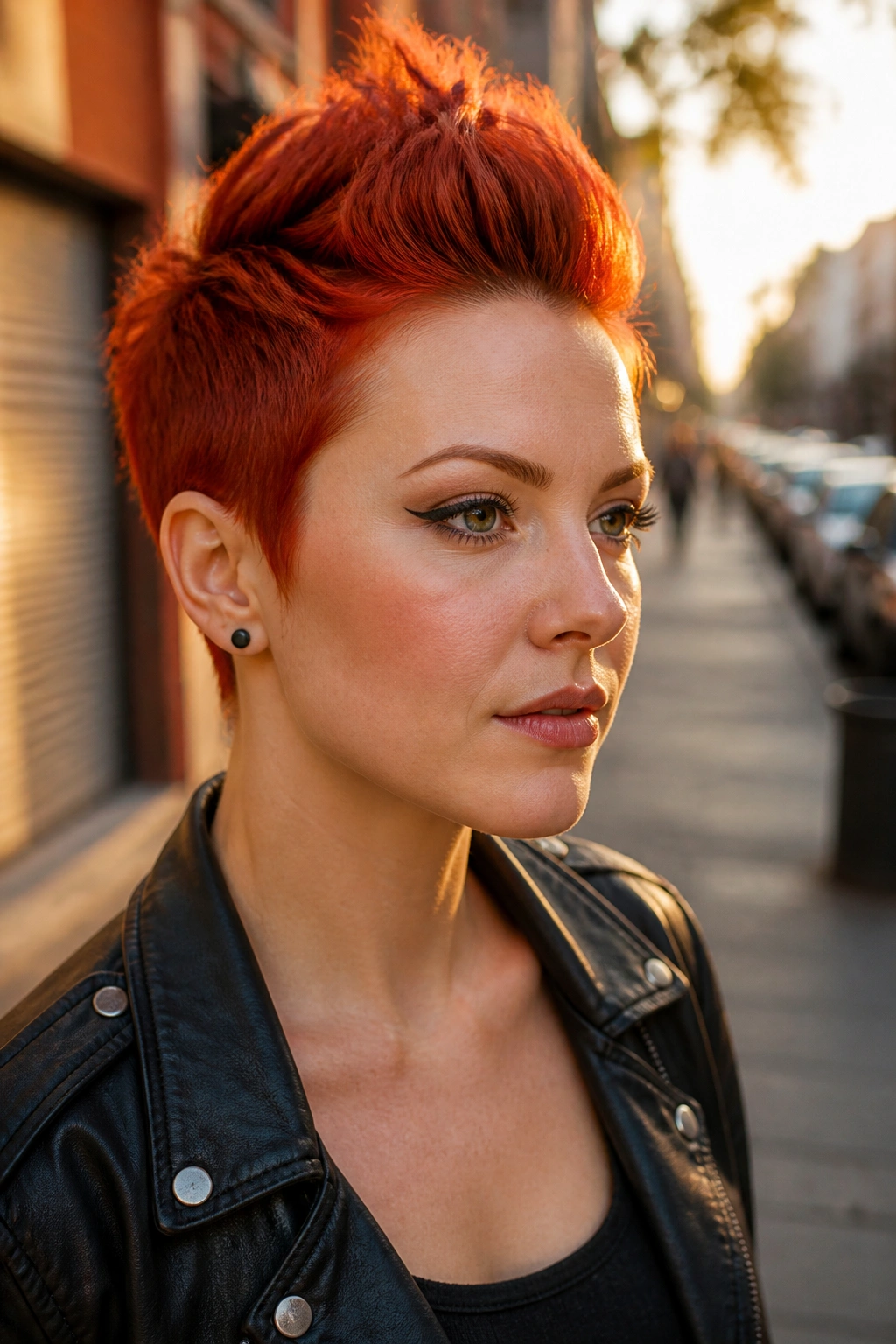 Close-up portrait of a woman with a faux-hawk red pixie