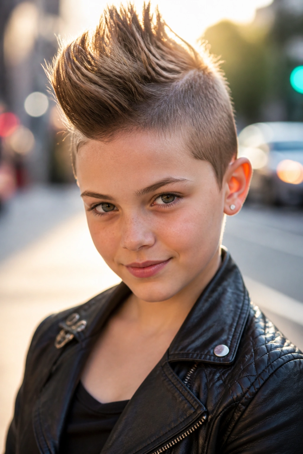 Close-up portrait of a girl with a faux hawk hairstyle on an urban street