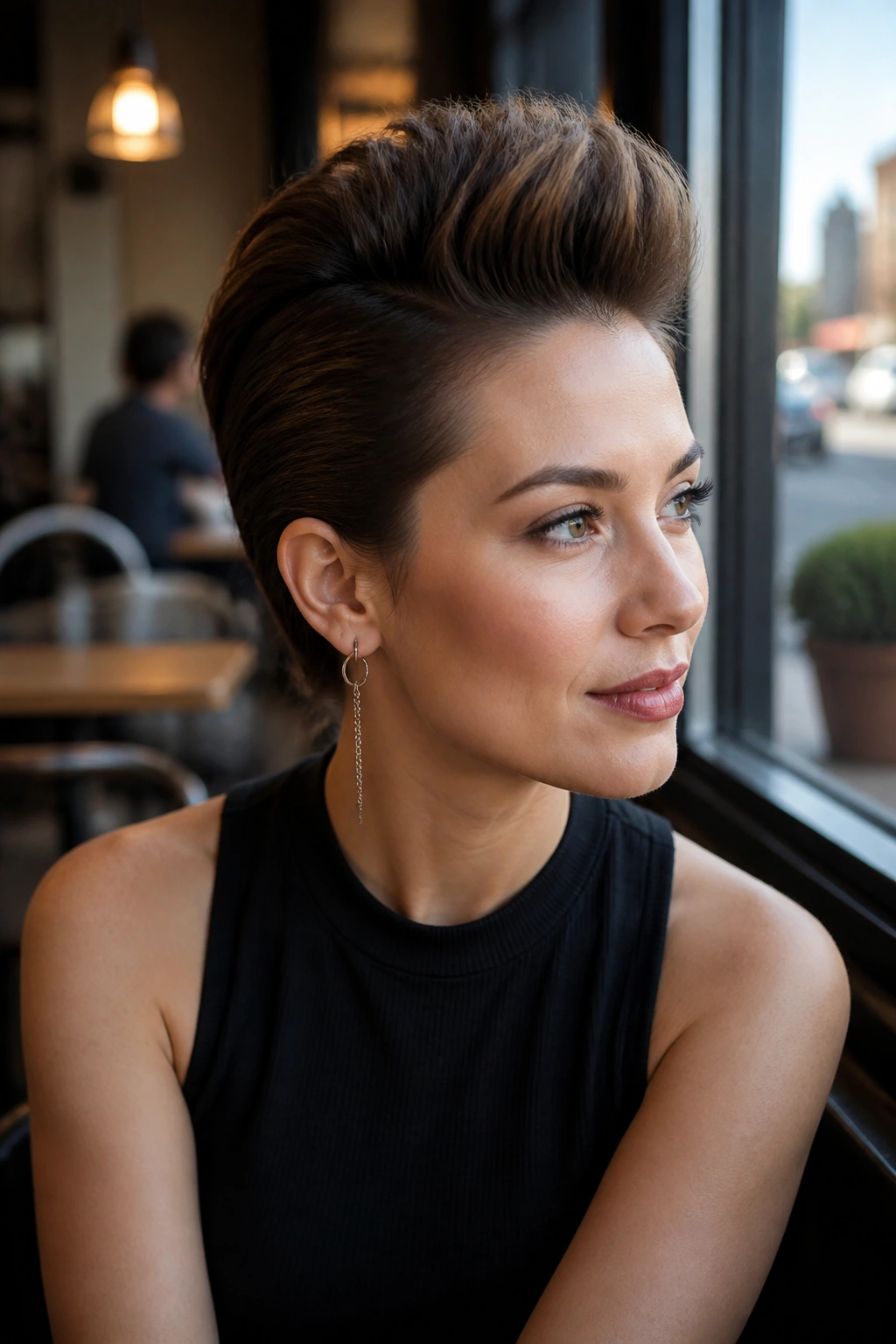 Close-up portrait of a real woman with a faux hawk, suitable for day-to-night wear.