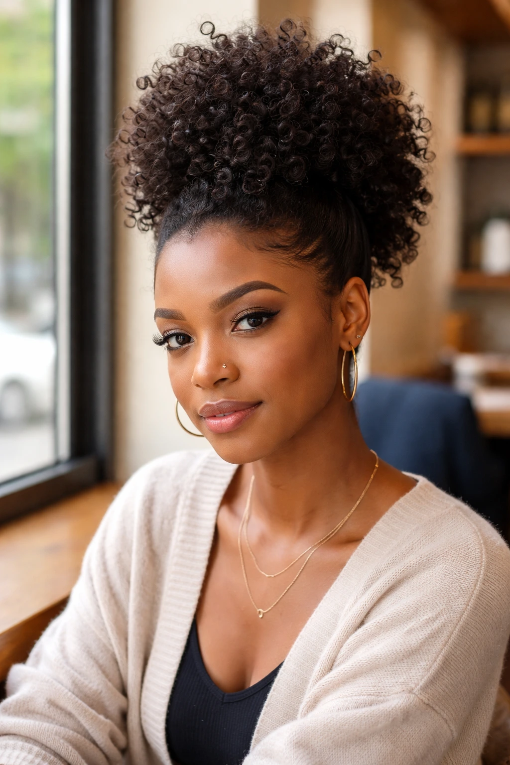 Real-person portrait with faux hawk puff and sleek sides in cafe setting