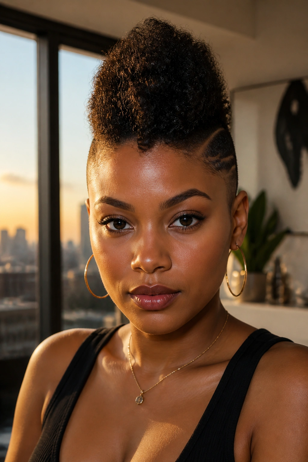 Close-up portrait of a real person with a sculpted faux hawk and sculpted sides