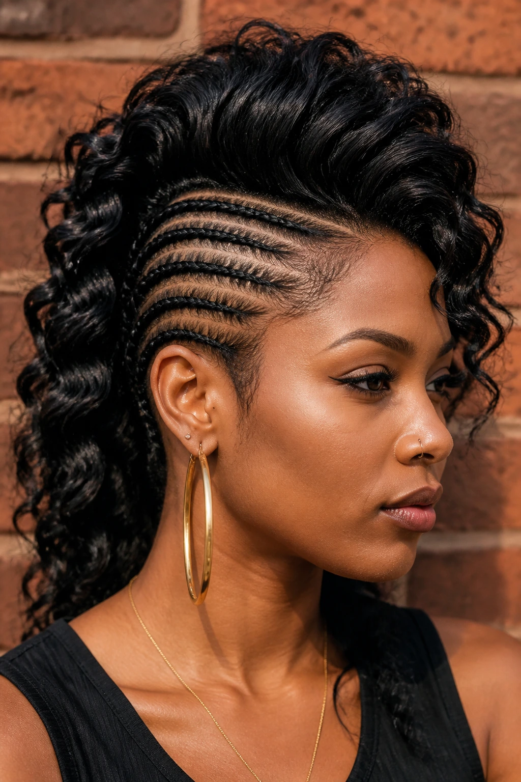 Close-up of woman with shaved-sides faux hawk cornrows
