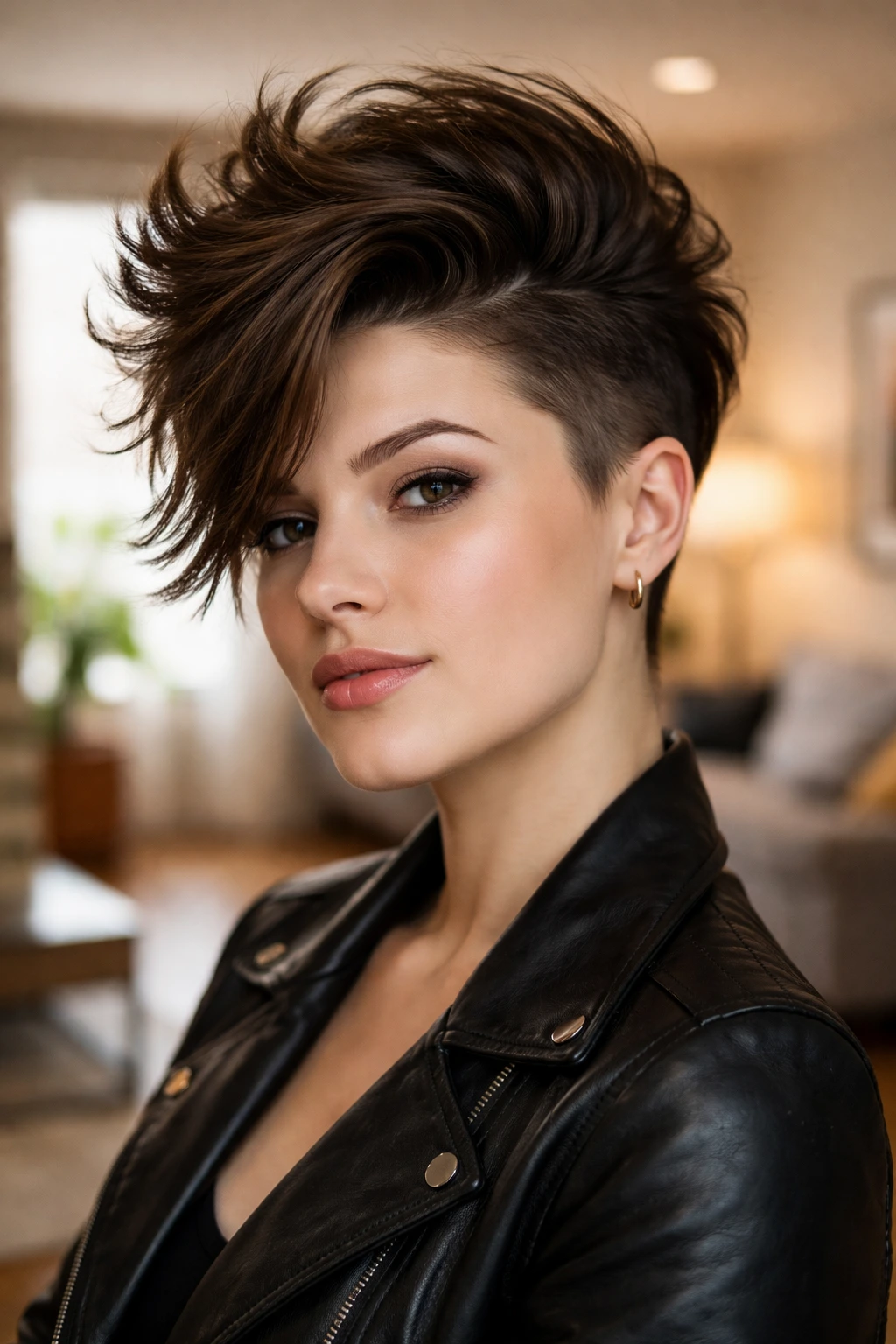 Real person with a side-swept faux hawk hairstyle.