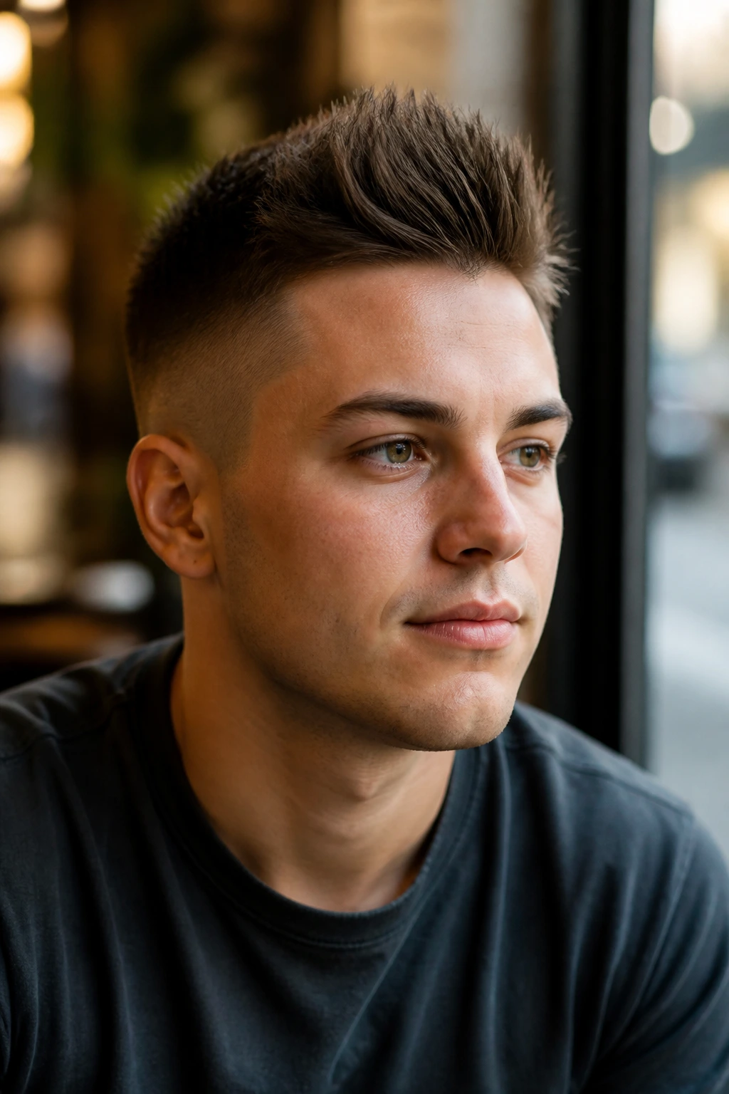 Portrait of a man with a tapered faux hawk in a cafe setting.
