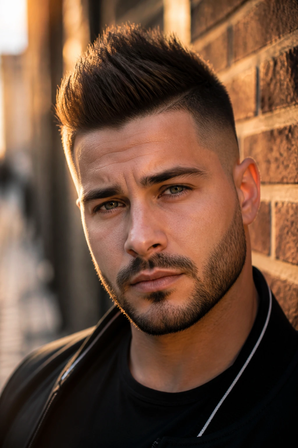 Close-up of a real person with a faux hawk and tapered sides in golden hour light