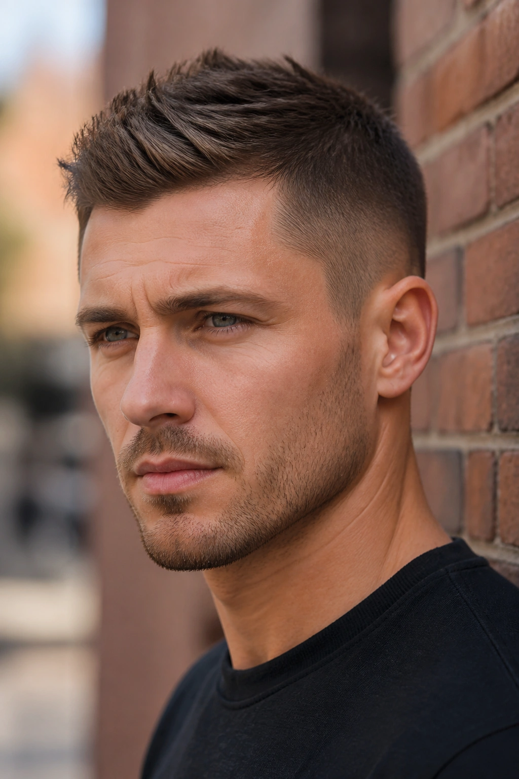 Close-up portrait of a man with a textured short faux hawk on an urban street.