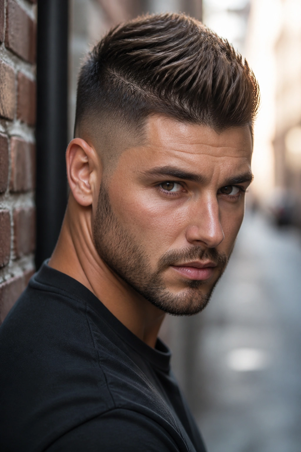 Close-up of a real man with a faux hawk undercut in an urban alley