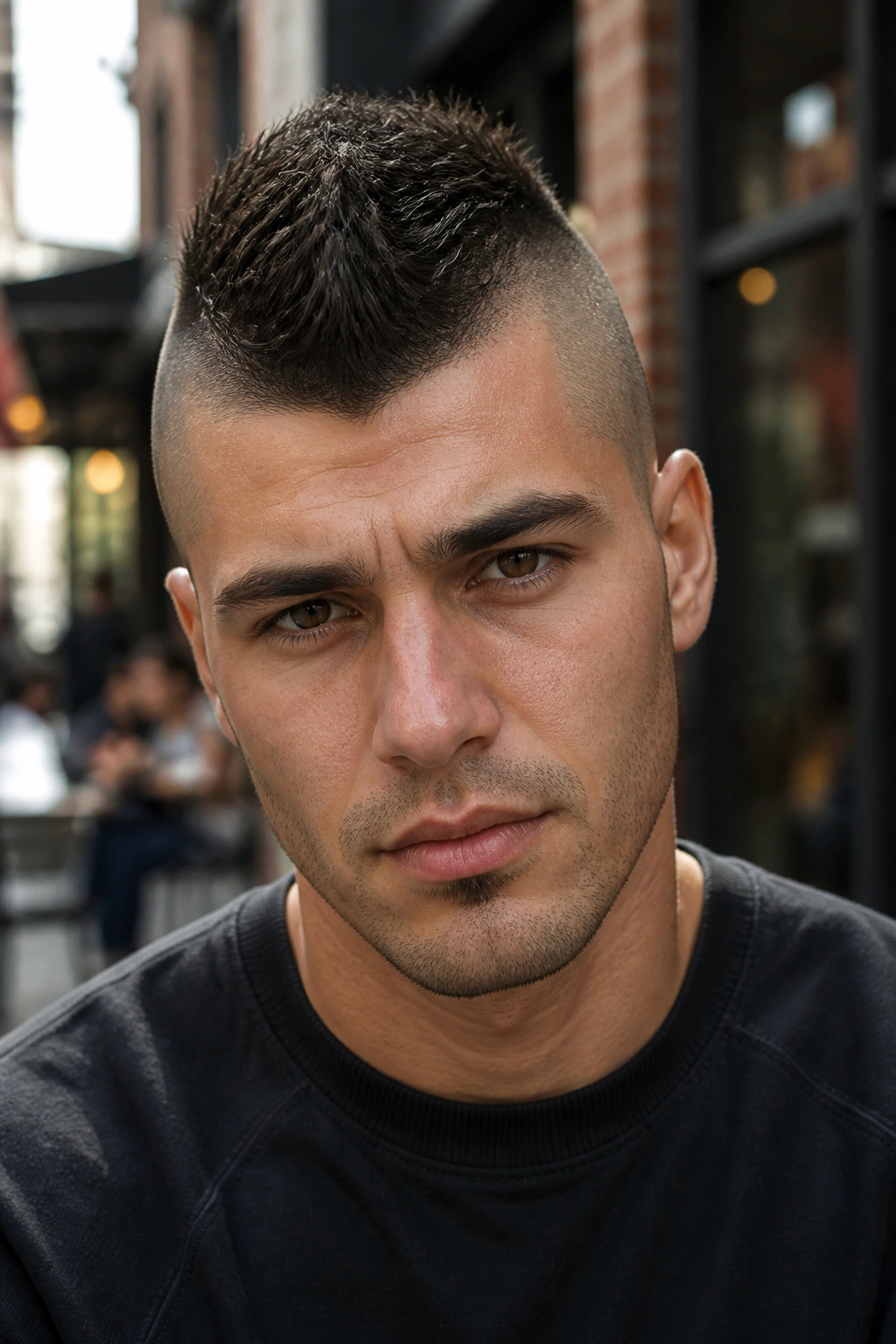 Close-up portrait of a person with a centered faux hawk undercut in an urban setting