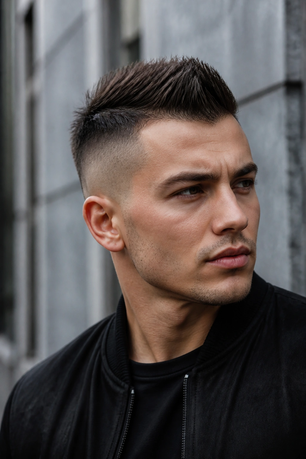 Close-up portrait of a person with a faux hawk undercut against an urban backdrop.