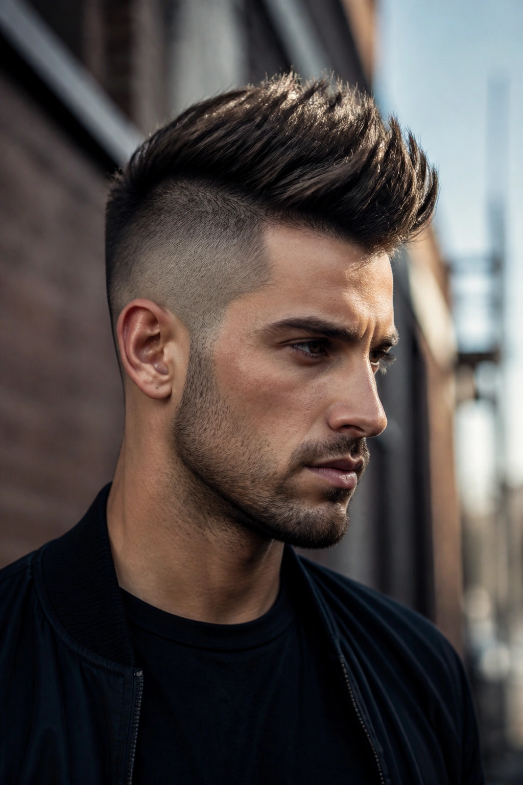 Close-up portrait of a man with a faux hawk undercut and raised center ridge, urban background