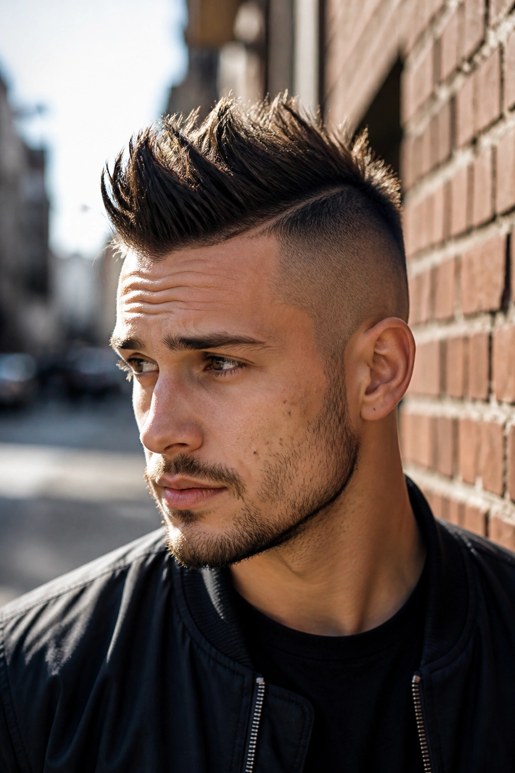 Close-up portrait of a man with a faux hawk undercut on city street