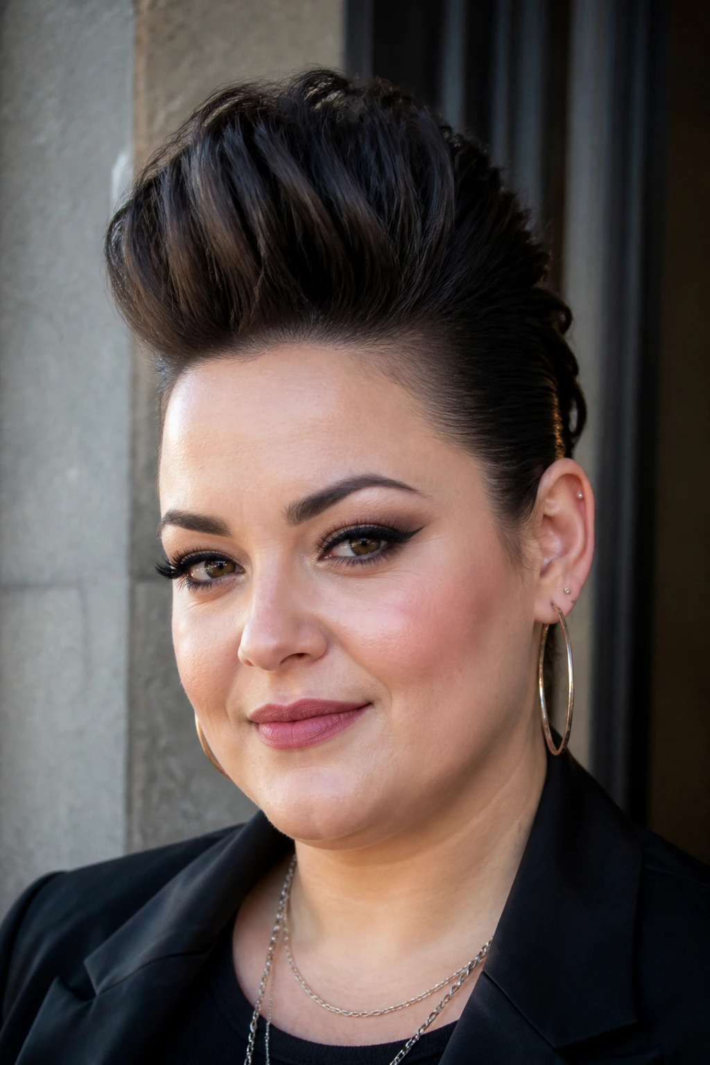 Close-up of a real person with a high faux hawk updo