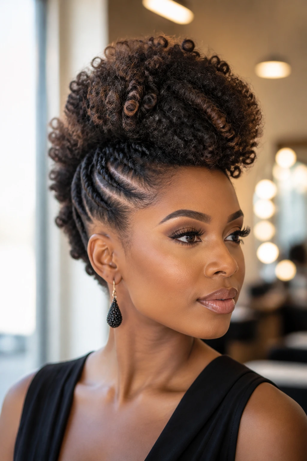 Close-up of a real woman with a voluminous faux hawk created by clip-in extensions