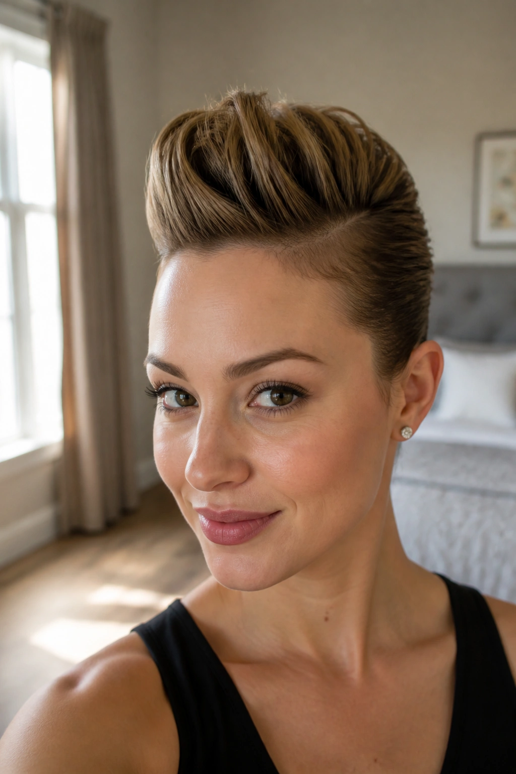Close-up portrait of a real woman with a tall faux hawk updo and pinned sides