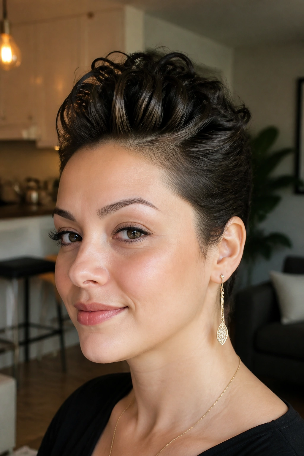 Close-up of a woman with a faux hawk updo and tucked sides