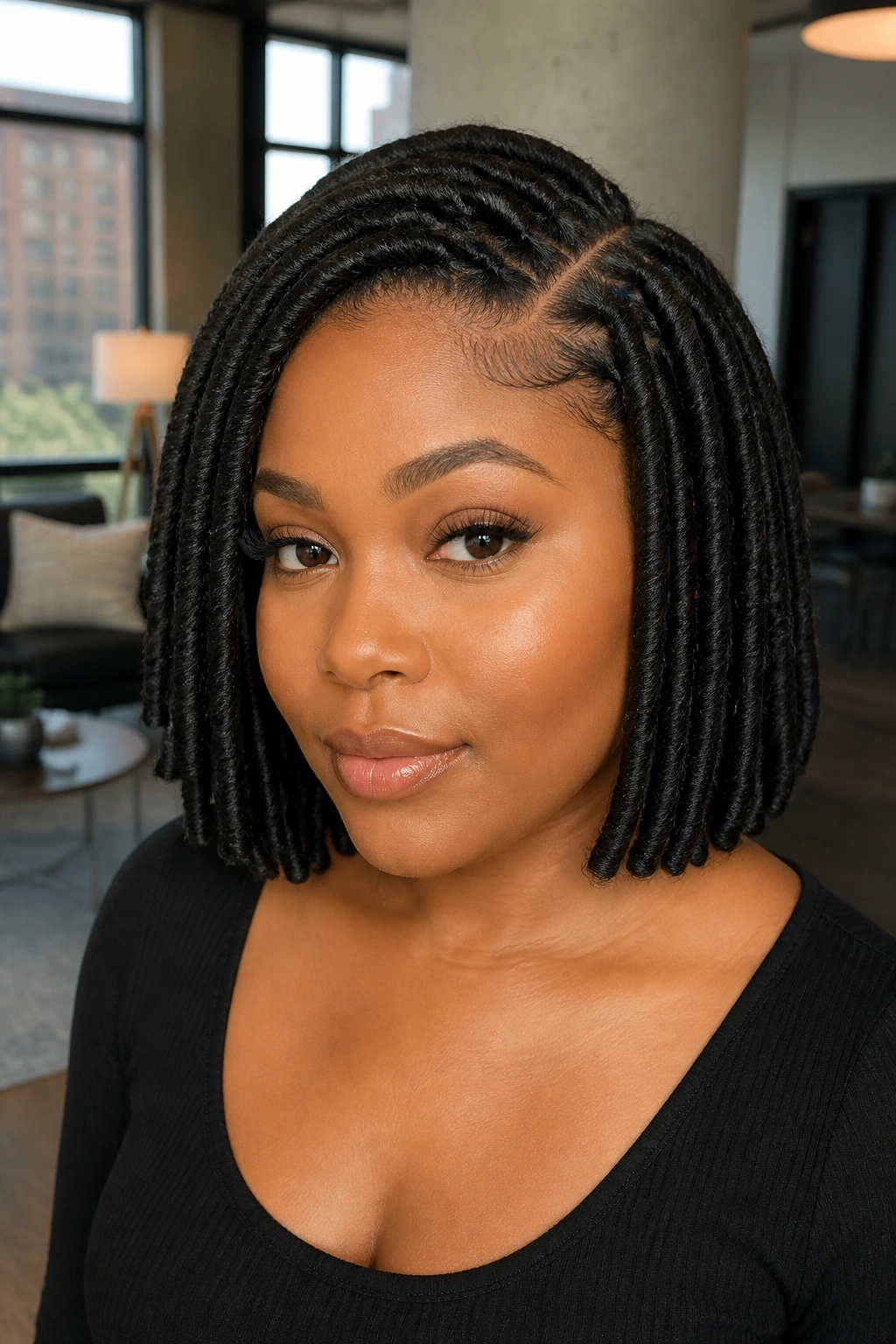 Close-up of a real woman with a sharp-parted faux loc bob