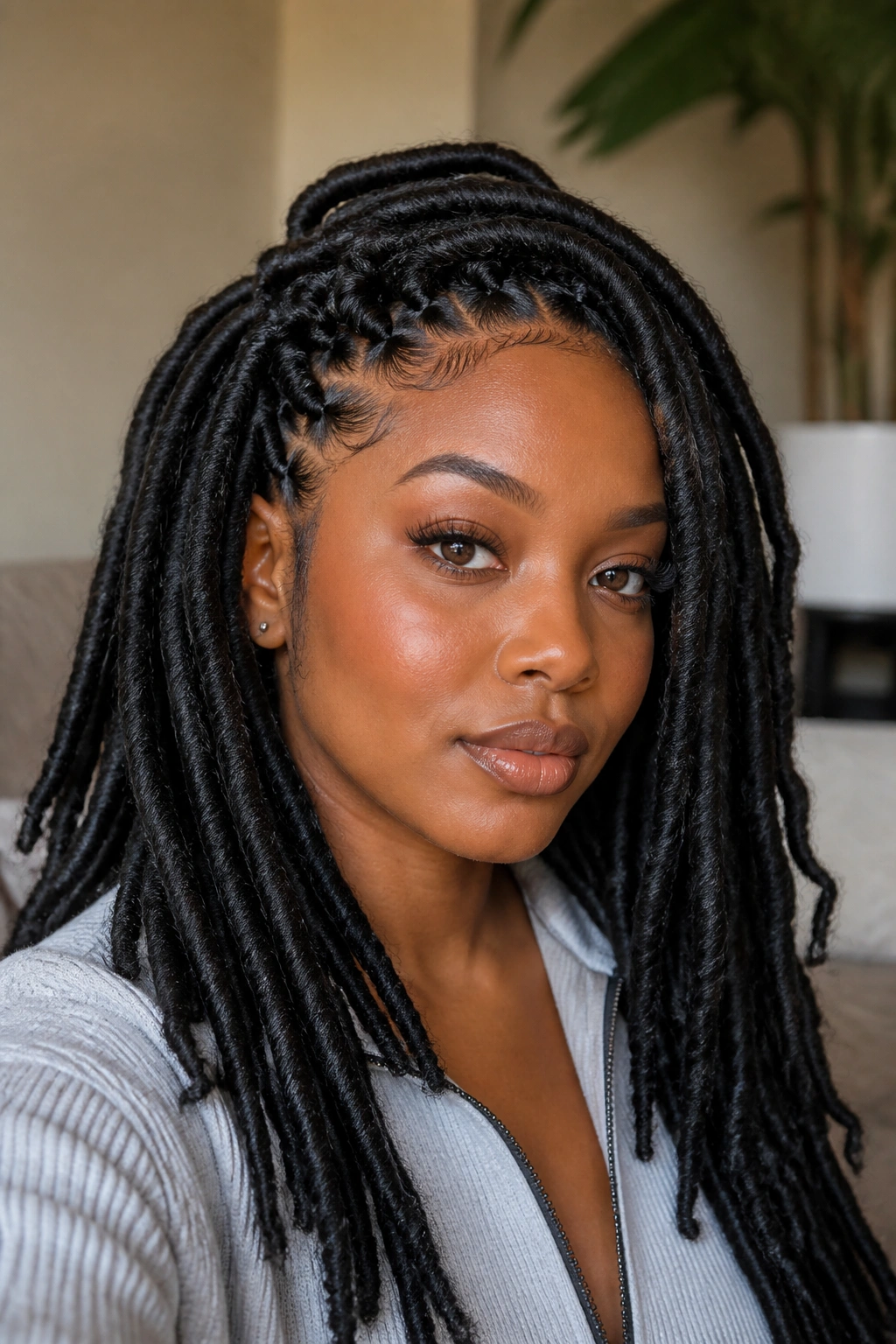 Close-up portrait of a real woman with faux locs in a warm indoor setting