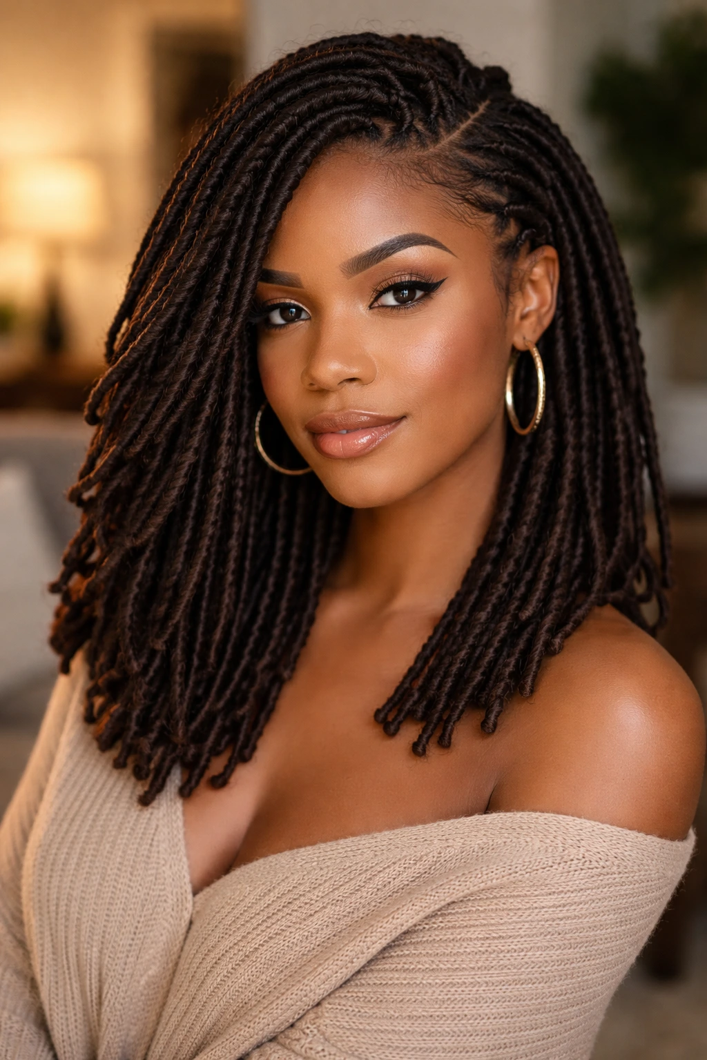 Real woman with shoulder-length faux locs and a deep side part in warm light.
