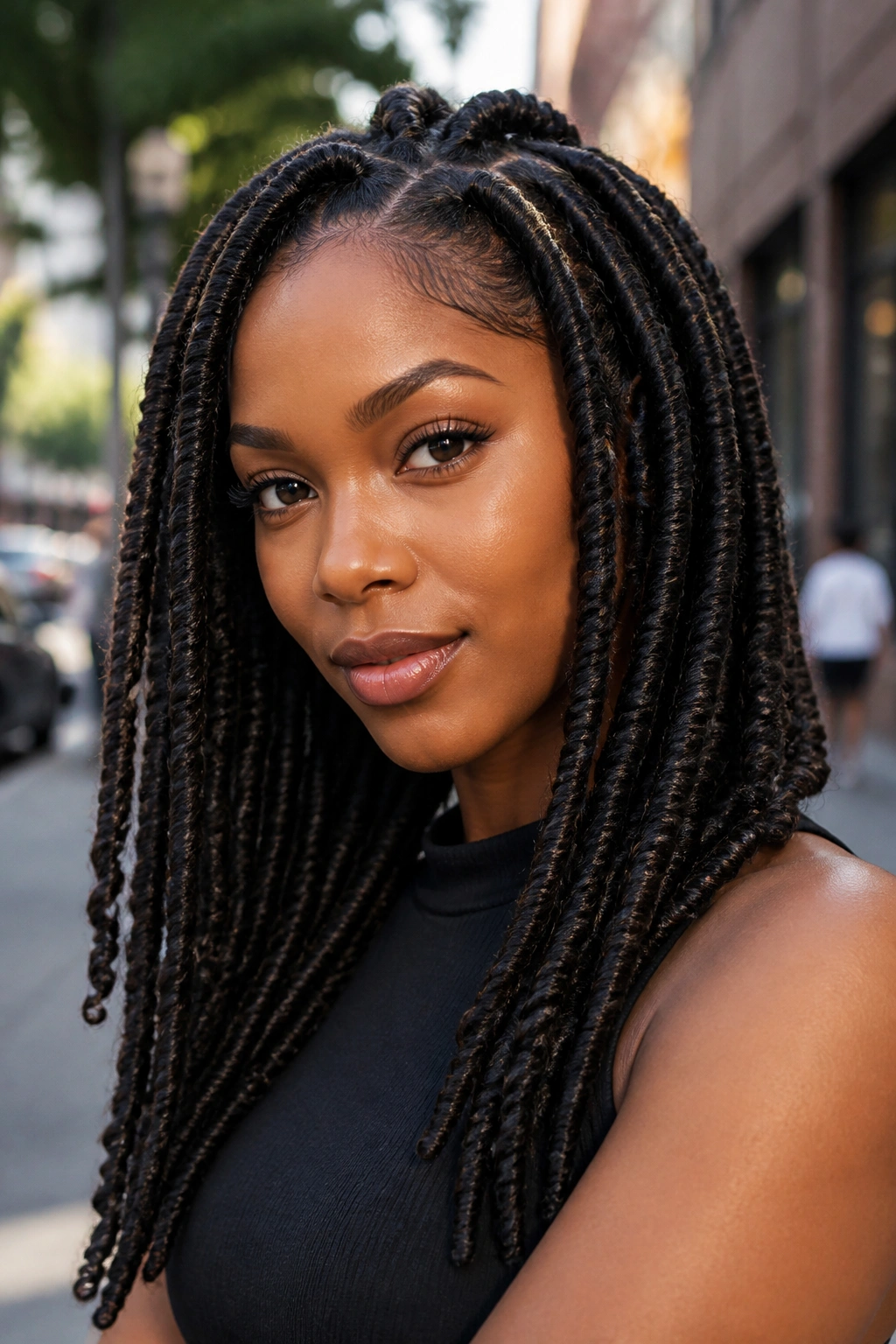 Person with wrapped faux locs in close-up.