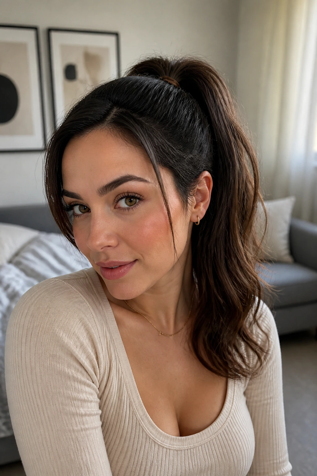 Close-up of a real woman with short hair wearing a clip-in faux-long ponytail.