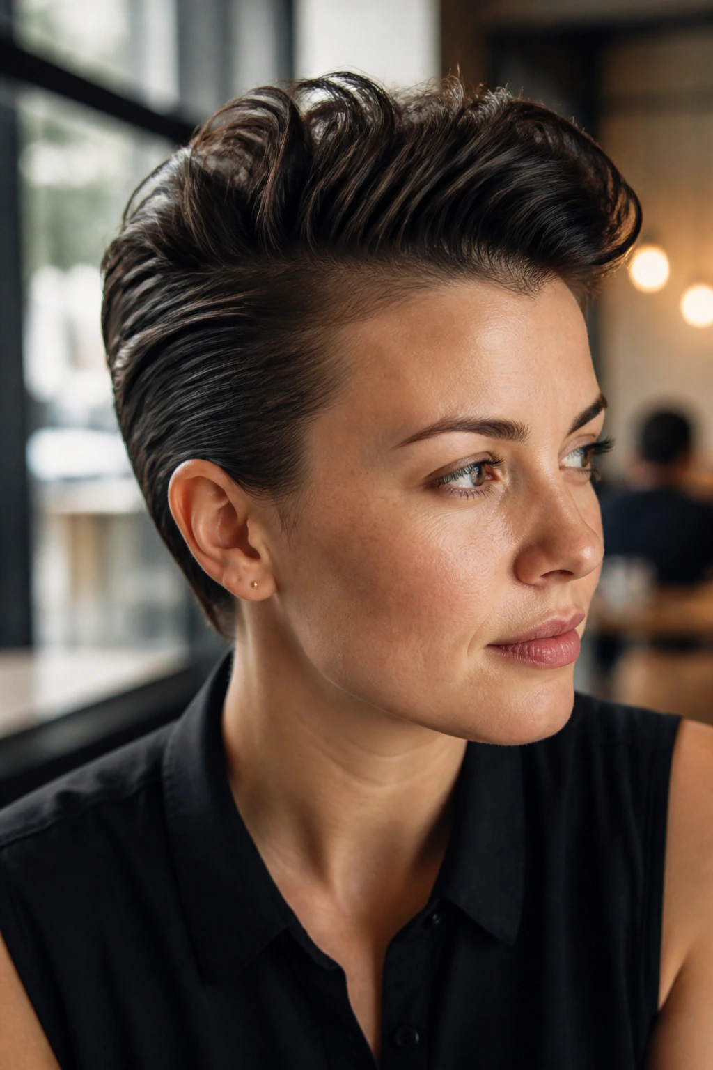Close-up of real person with soft fauxhawk in a modern cafe setting