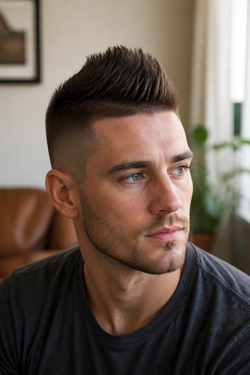 Close-up portrait of a man with a faux hawk hairstyle under natural window light