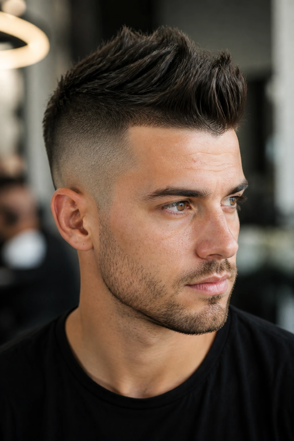 Portrait of a real person with faux hawk undercut showing center ridge and short sides