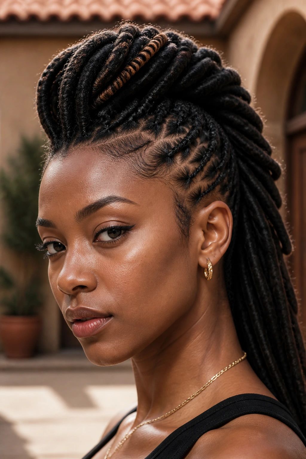 Close-up of a real person with a thick faux-loc Mohawk in outdoor light