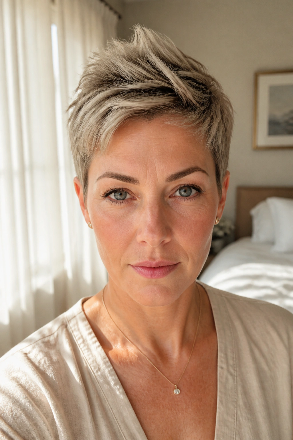 Portrait of a person with feather-edge pixie and crown lift.