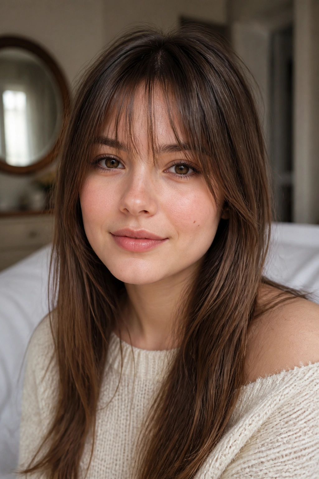 Close-up of feather-light bangs on a real woman with a soft veil-like fringe.