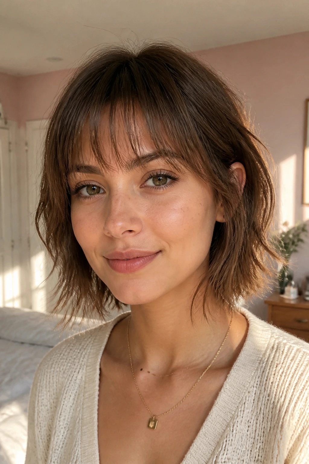 Close-up portrait of a real woman with feather-light fringe for fine hair in a sunlit bedroom